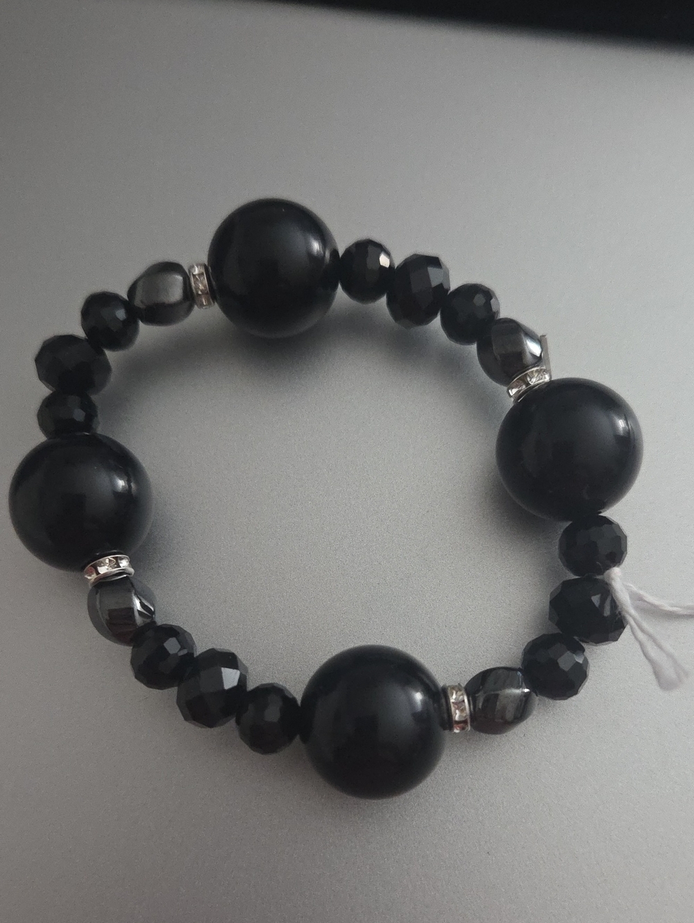 Black Beaded Stretch Bracelet with Silver Accents